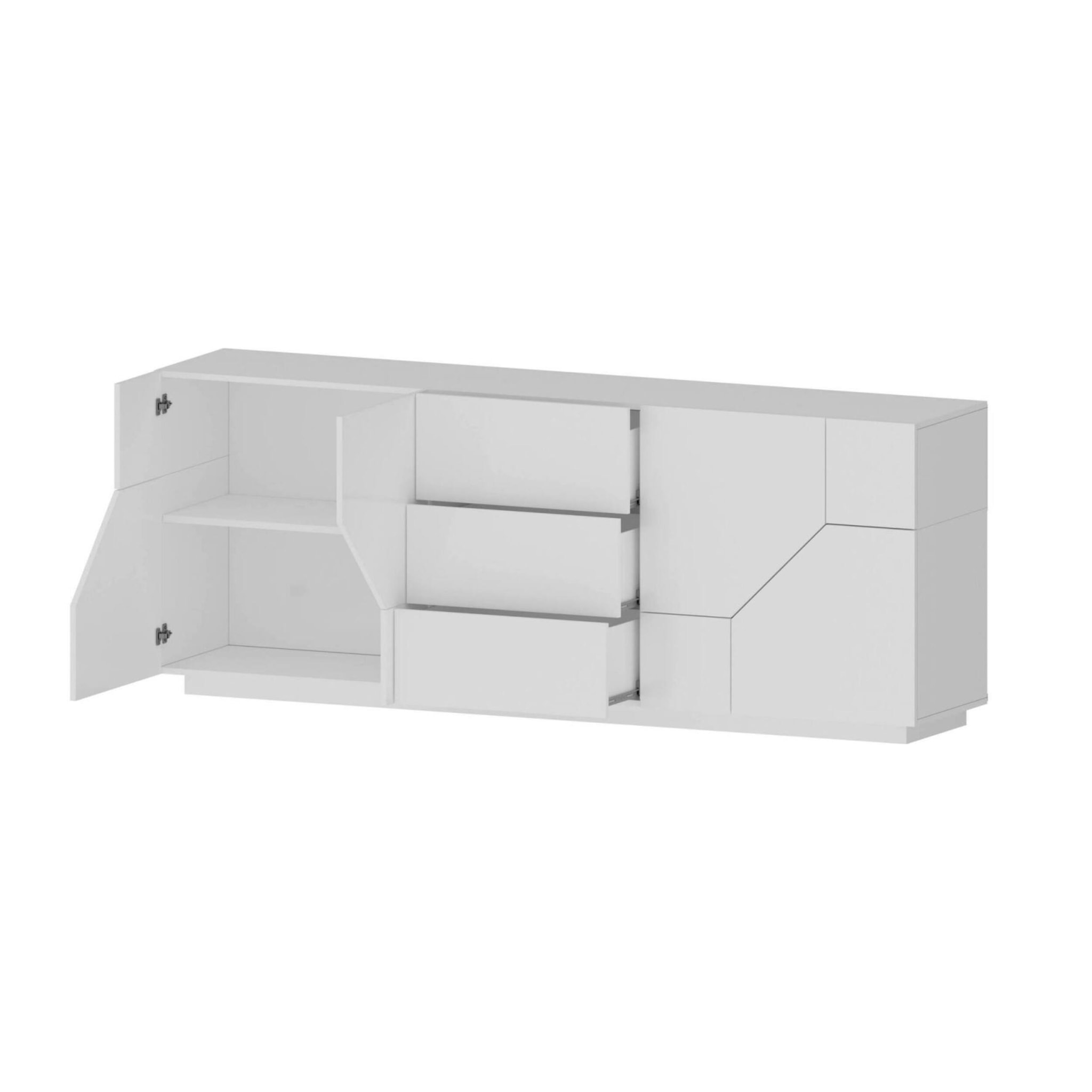 Credenza moderna a 4 ante geometriche e 3 cassetti, Made in Italy, Madia da cucina, Buffet di design da soggiorno, Cm 220x43h86, Bianco lucido