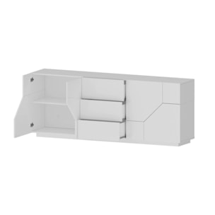 Credenza moderna a 4 ante geometriche e 3 cassetti, Made in Italy, Madia da cucina, Buffet di design da soggiorno, Cm 220x43h86, Bianco lucido