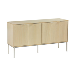 Buffet effet bois rainuré et métal champagne. buffet bas. 4 portes. 140cm