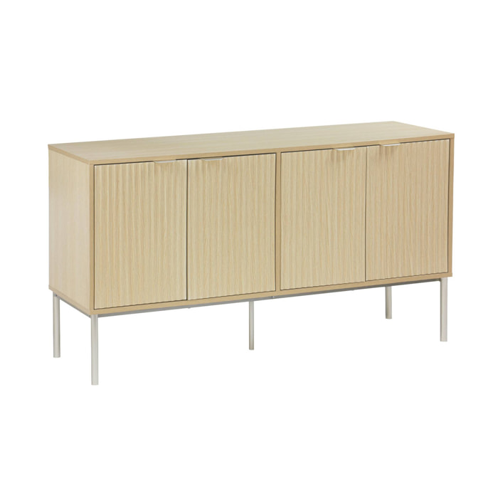 Buffet effet bois rainuré et métal champagne. buffet bas. 4 portes. 140cm
