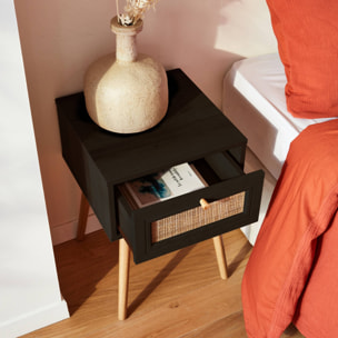 Table de chevet effet bois & cannage avec 1 tiroir - coloris noir - Bohème