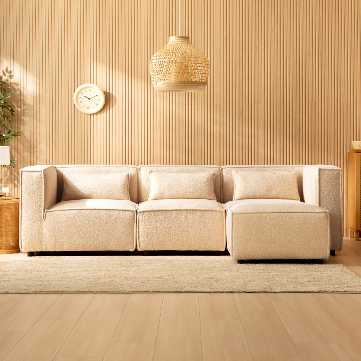 RAMOS Canapé modulable 3 places bouclette beige avec pouf