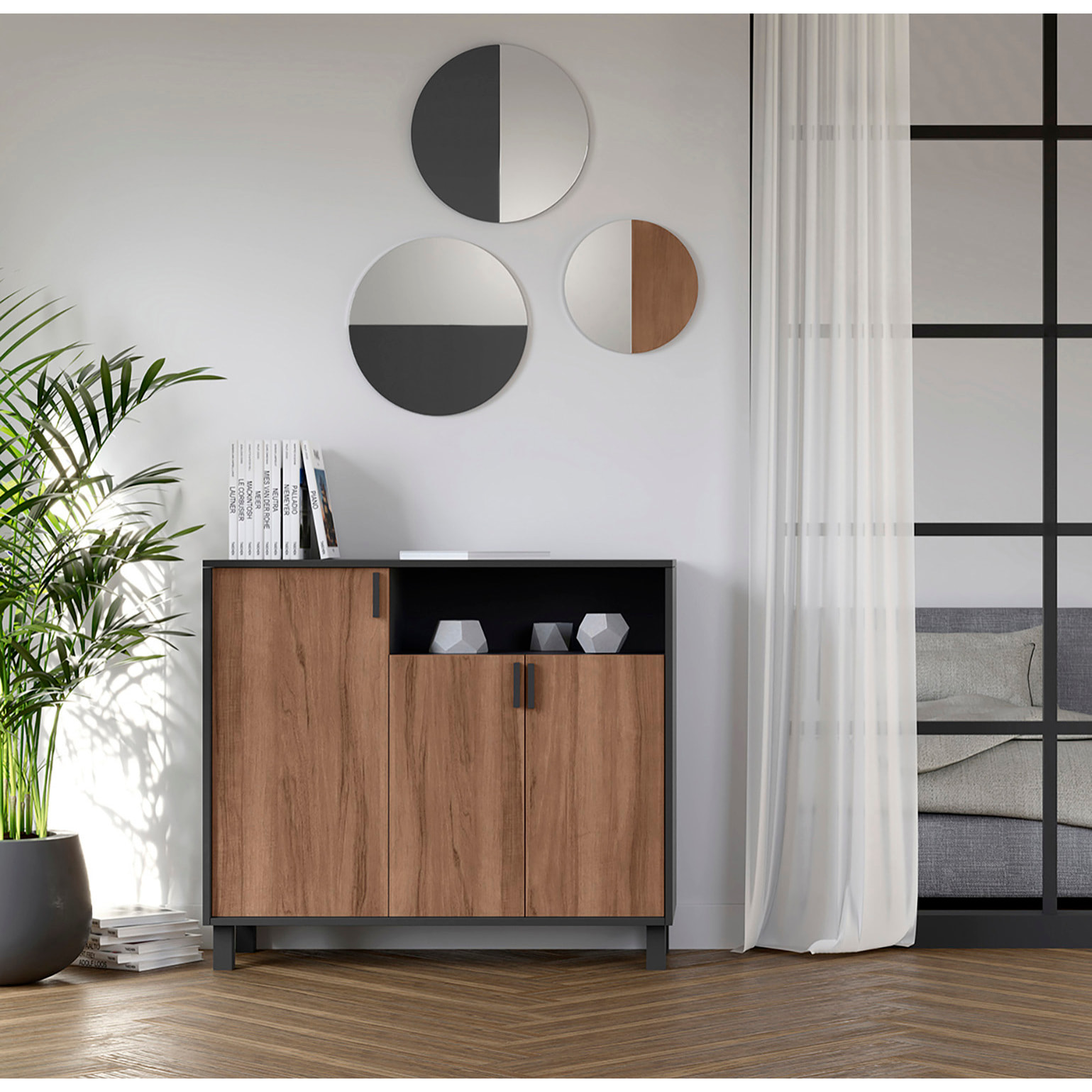 Zapatero Dyrnes melamina grafito puertas nogal 88x100x37 cm