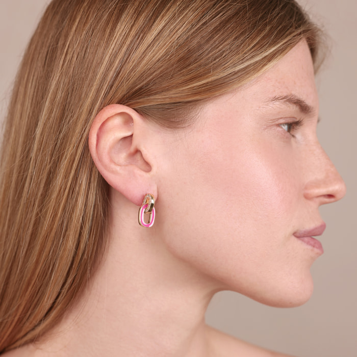 Orecchini Pendenti Golden con Doppia Maglia Smaltata Fucsia e in Pavé di Cubic Zirconia