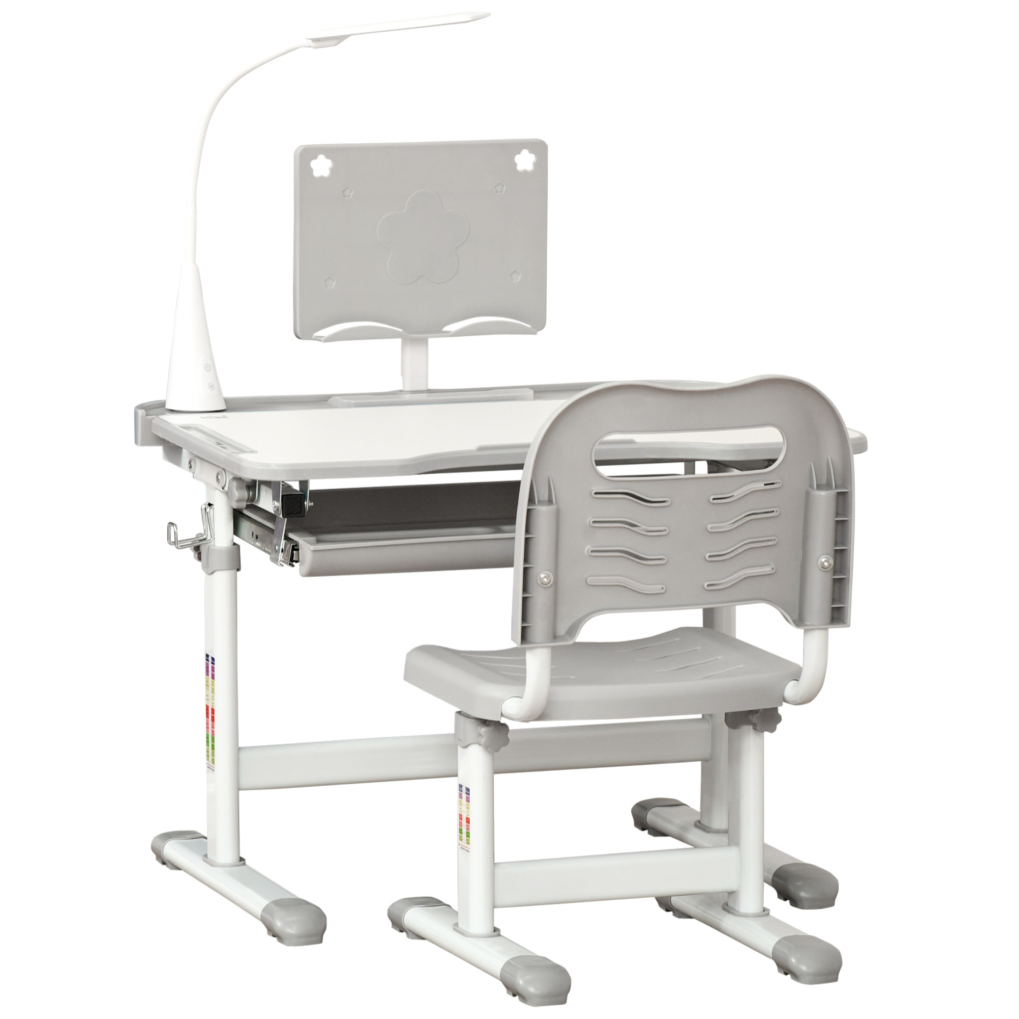 Bureau enfant avec chaise - ensemble bureau et chaise réglable - lampe, support de lecture, tablette coulissante multi-rangement - gris blanc