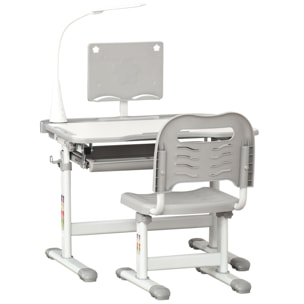Bureau enfant avec chaise - ensemble bureau et chaise réglable - lampe, support de lecture, tablette coulissante multi-rangement - gris blanc