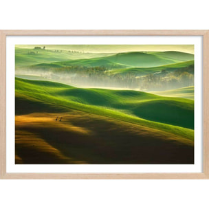 Affiche nature collines brumeuses Affiche + cadre en bois - Chêne