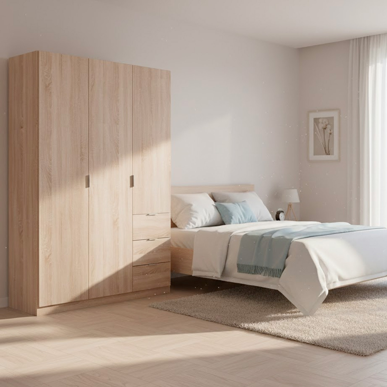 Armadio Guardaroba Vestiti 3 Ante Battenti 4 Ripiani E 3 Cassetti Con Barra Appendiabiti Salvaspazio Design Moderno 200 x 52 x 135 Cm Rovere Canadese