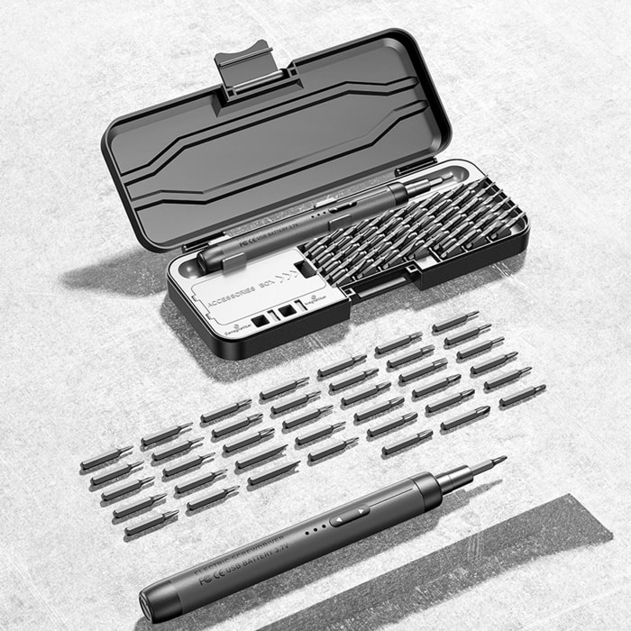 Destornillador eléctrico 46 en 1 con giro bidireccional, batería de 500mAh, 150rpm y 0,3Nm de torsión eléctrica.