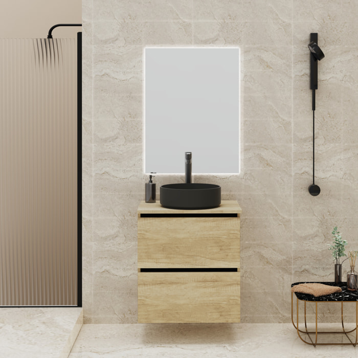 Conjunto de Baño Gloom | Mueble de Baño Suspendido | 60 cm Nature| Dos Cajones | Lavabo sobre Encimera | Mueble Montado | Alday