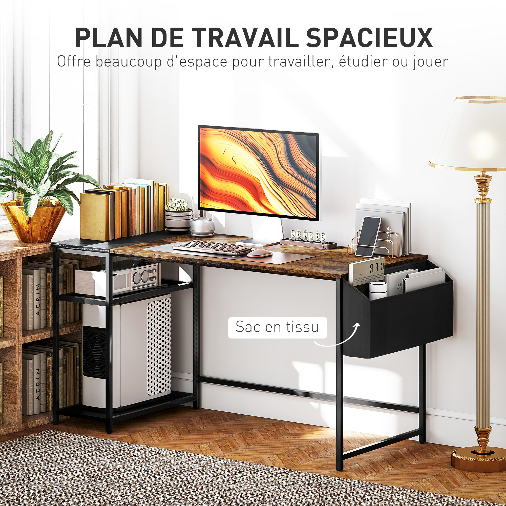 Bureau informatique style industriel dim. 150 x 60 cm - 3 étagères, panier - métal noir effet bois vieilli