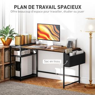 Bureau informatique style industriel dim. 150 x 60 cm - 3 étagères, panier - métal noir effet bois vieilli