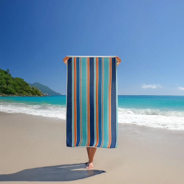 Serviette de plage éponge velours Jacquard Bleu 100x175 470g/m² - Zamora