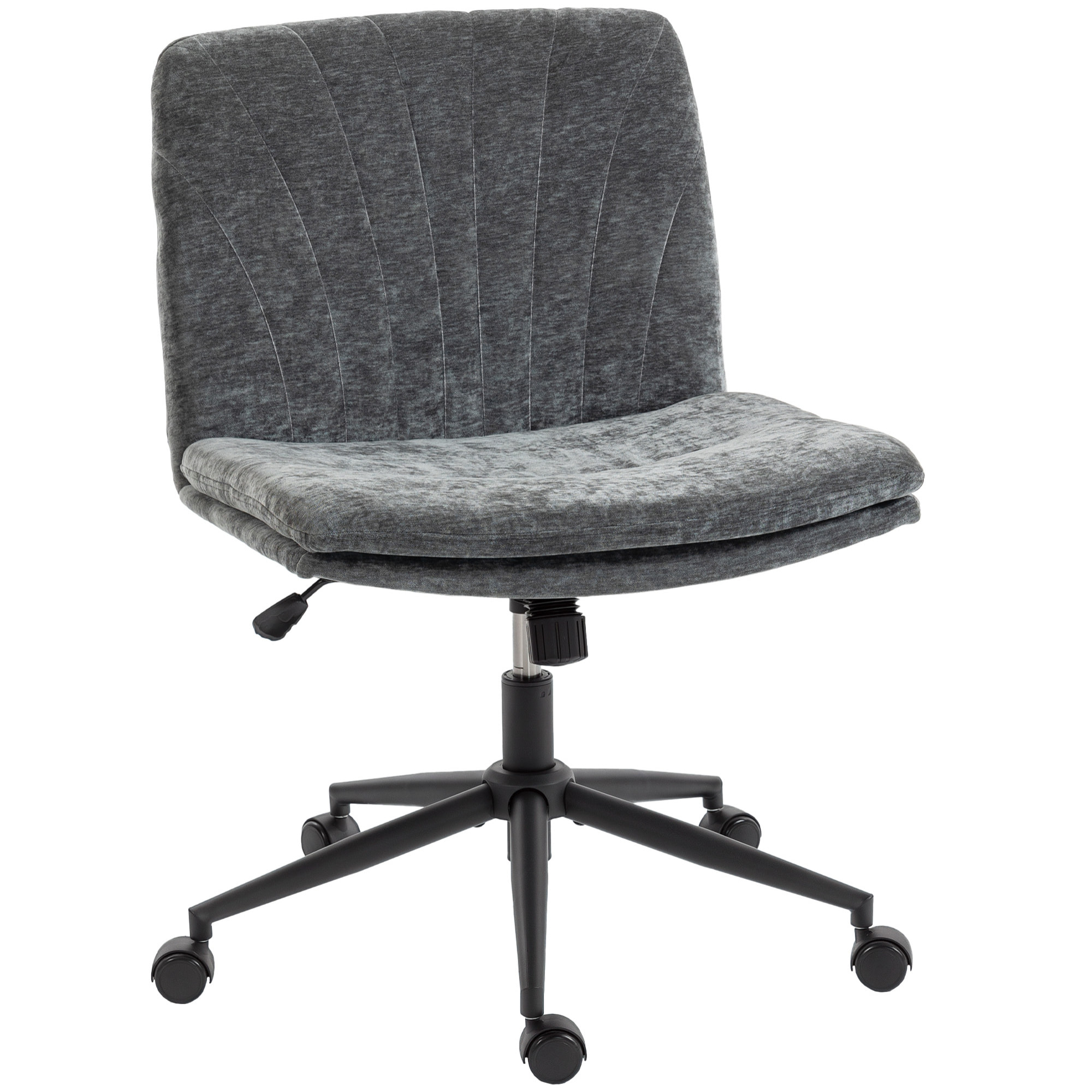 Silla de Oficina Piernas Cruzadas, Silla de Escritorio con Asiento Ancho, sin Reposabrazos, Ruedas, Altura Ajustable, Giratoria, Función Basculante, Tapizada en Chenilla, Gris