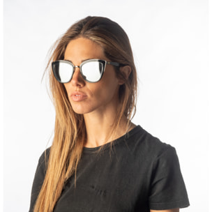 Gafas de sol OCEAN CAT EYE - Negro brillante y metal plateado brillante / Plana de pc ahumada con espejo plateado real