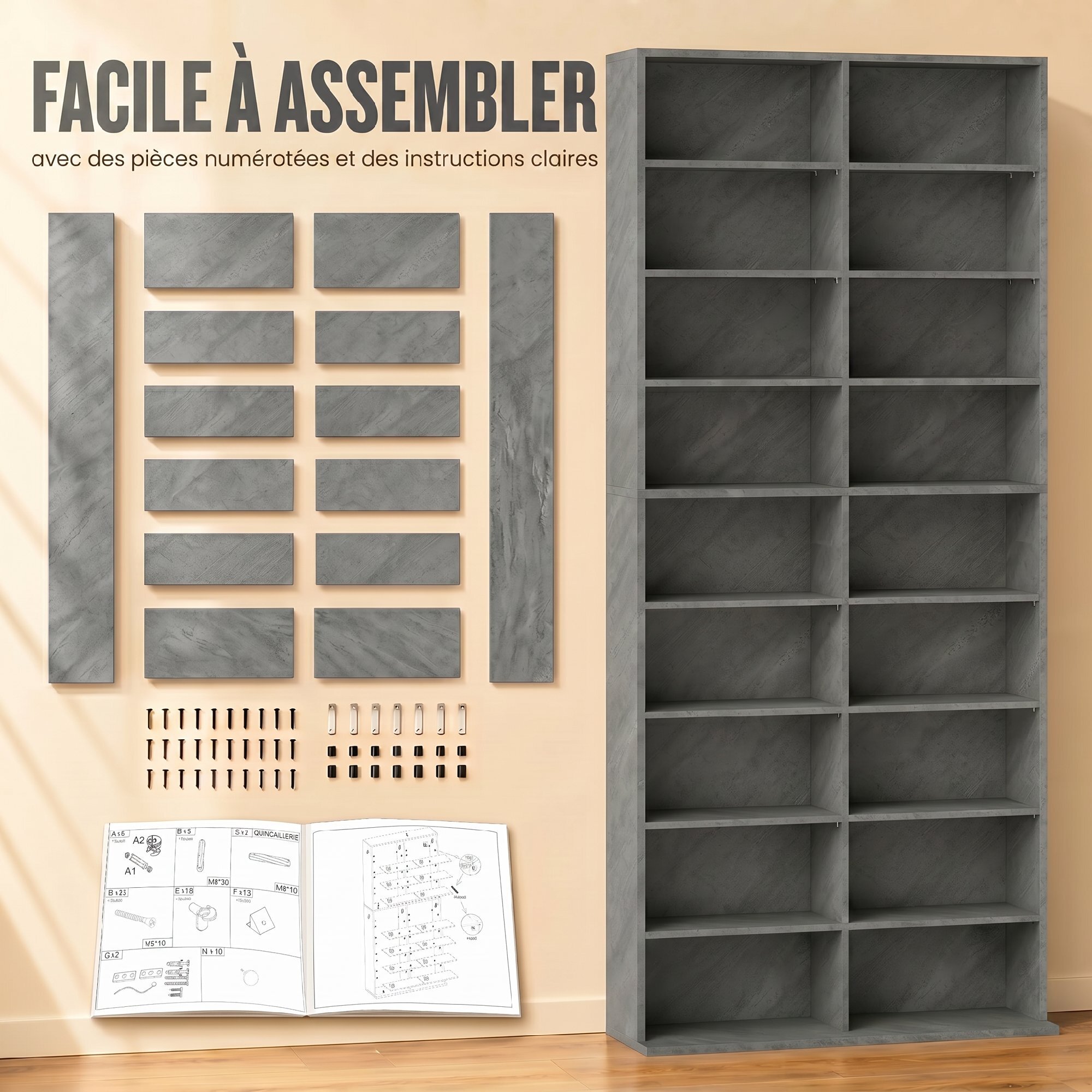 Étagère pour CD et DVD - 18 compartiments, 14 étagères réglables - 78,5x24x175cm - gris