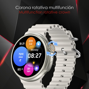 Smartwatch Z78 Ultra con corona multifunzione intelligente, widget personalizzabili, accesso diretto a Siri. Termometro, O2 e tensione.