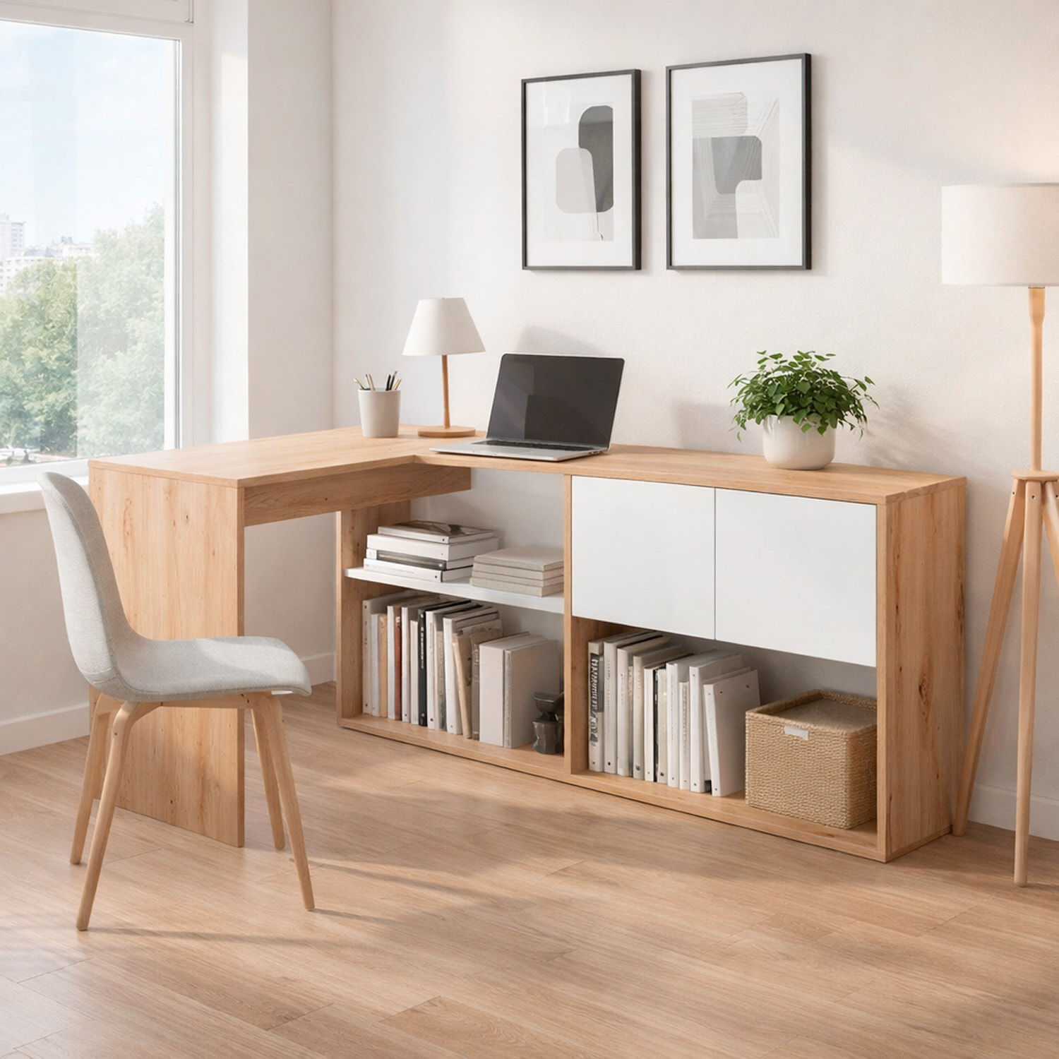 Scrivania Libreria Multiposizione Reversibile Salvaspazio Con 3 Configurazioni Verticale E Orizzontale Dimensioni: 140 x 108 x 70 Cm  Rovere E Bianco