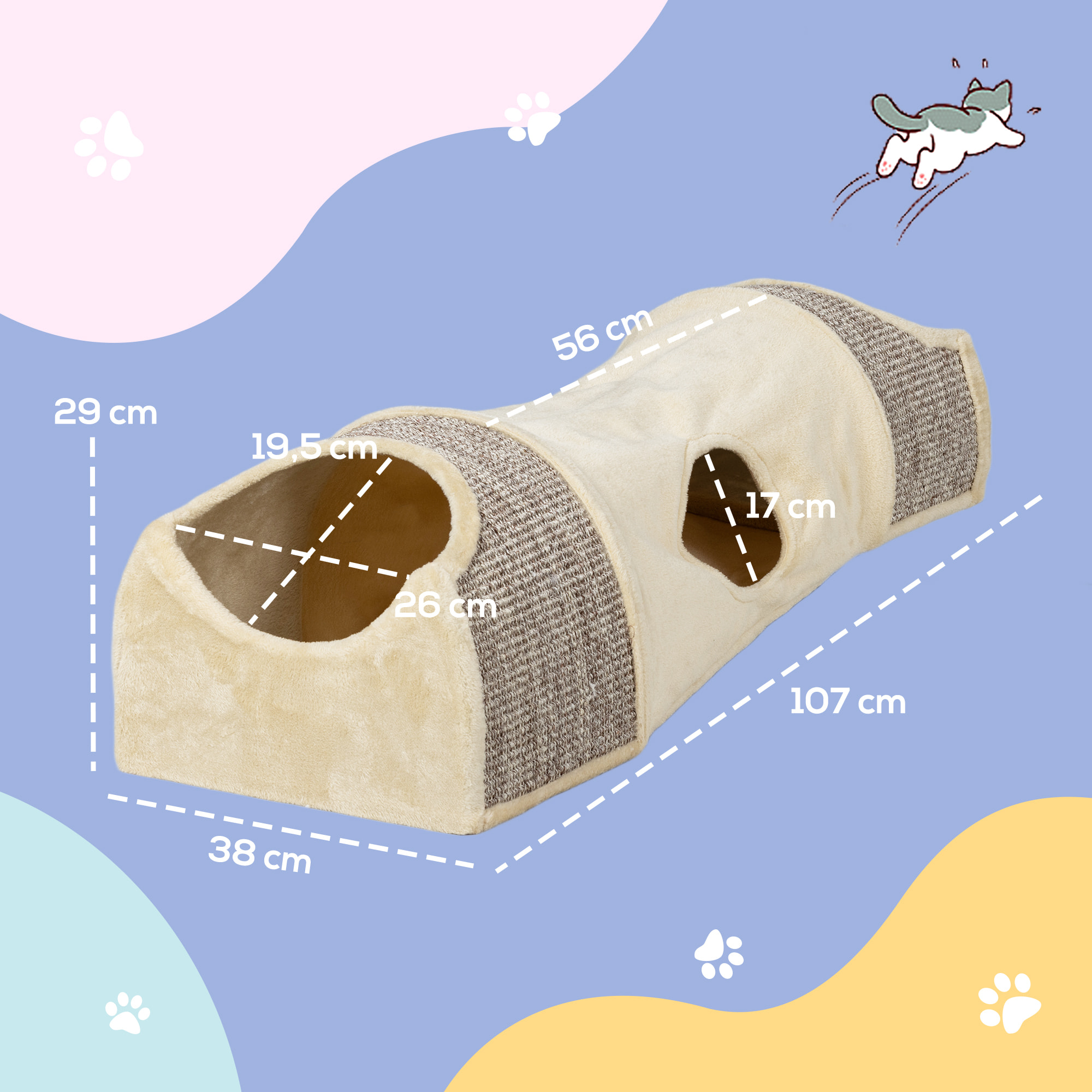 Tunnel pour chat modulable - 3 portes, 2 griffoirs - sisal peluche beige