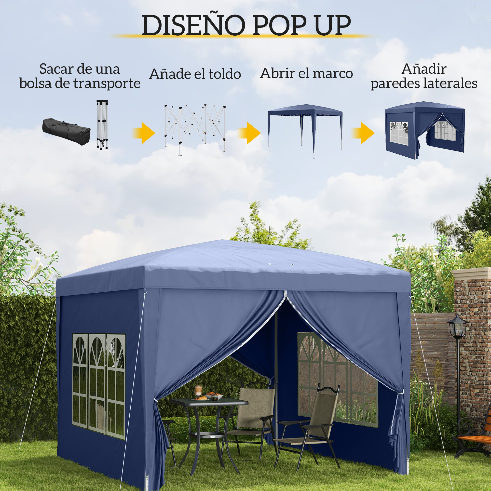 Carpa Plegable Pop-up Gazebo 3x3 m Cenador Plegable con 4 Paredes Laterales Anti-UV y Bolsa de Transporte para Camping Fiestas Azul