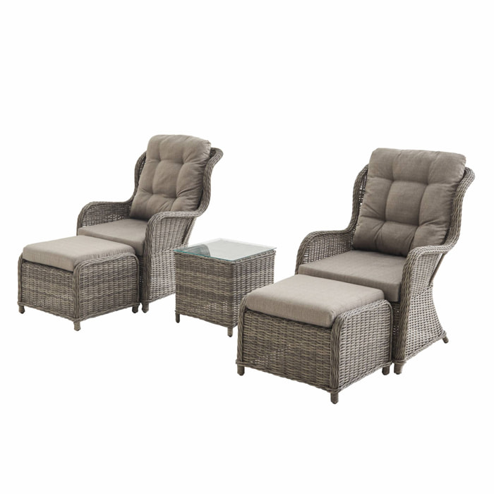 Lot de 2 fauteuils relax en résine tressée arrondie avec repose pieds et table basse - Barletta Gris - Aspect rotin. coussins beige. structure aluminium