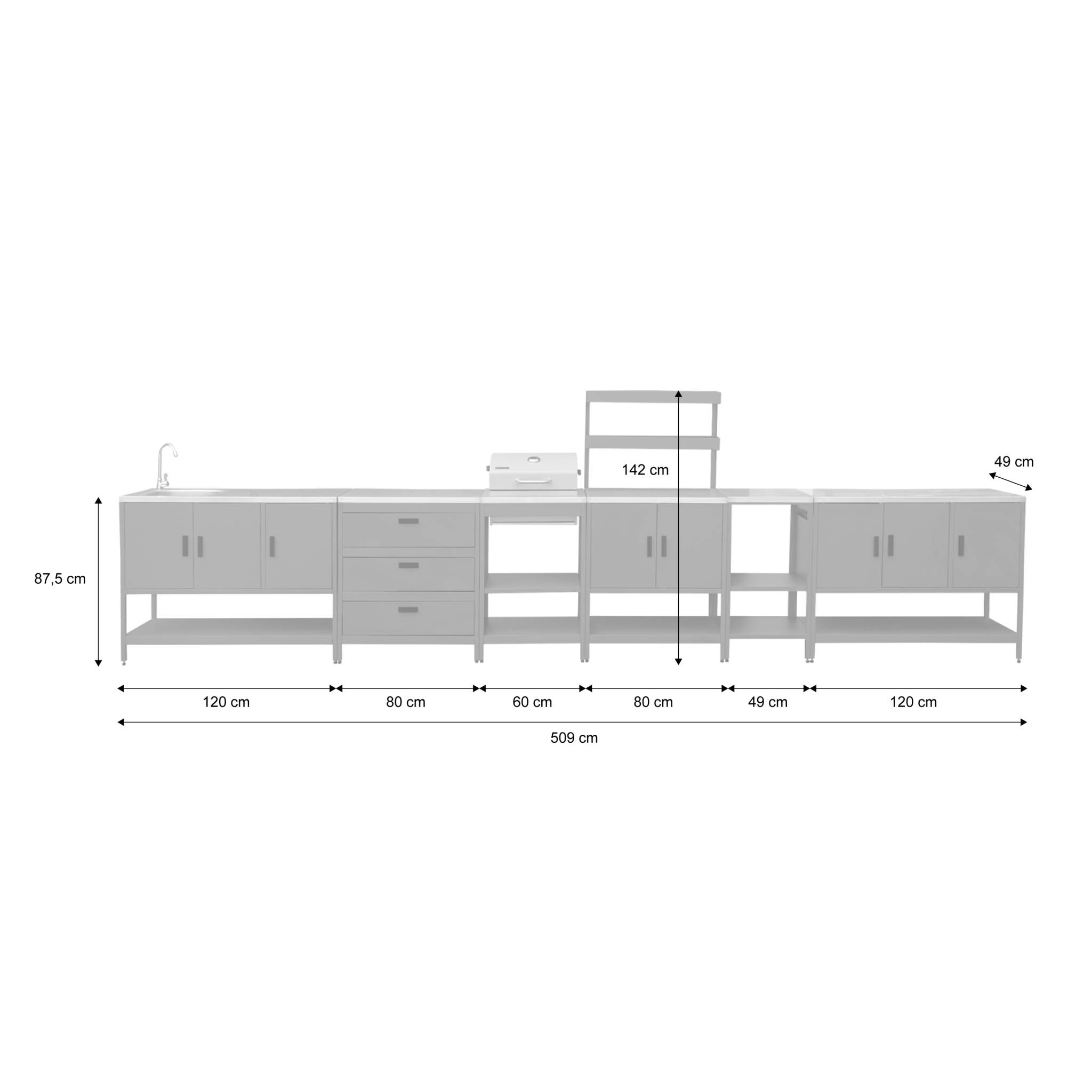 Cuisine d'extérieure 5 modules avec barbecue charbon de bois sur pieds, 2 étagères et thermomètre NAXOS BARBECUE CHARBON + 5 MODULES
