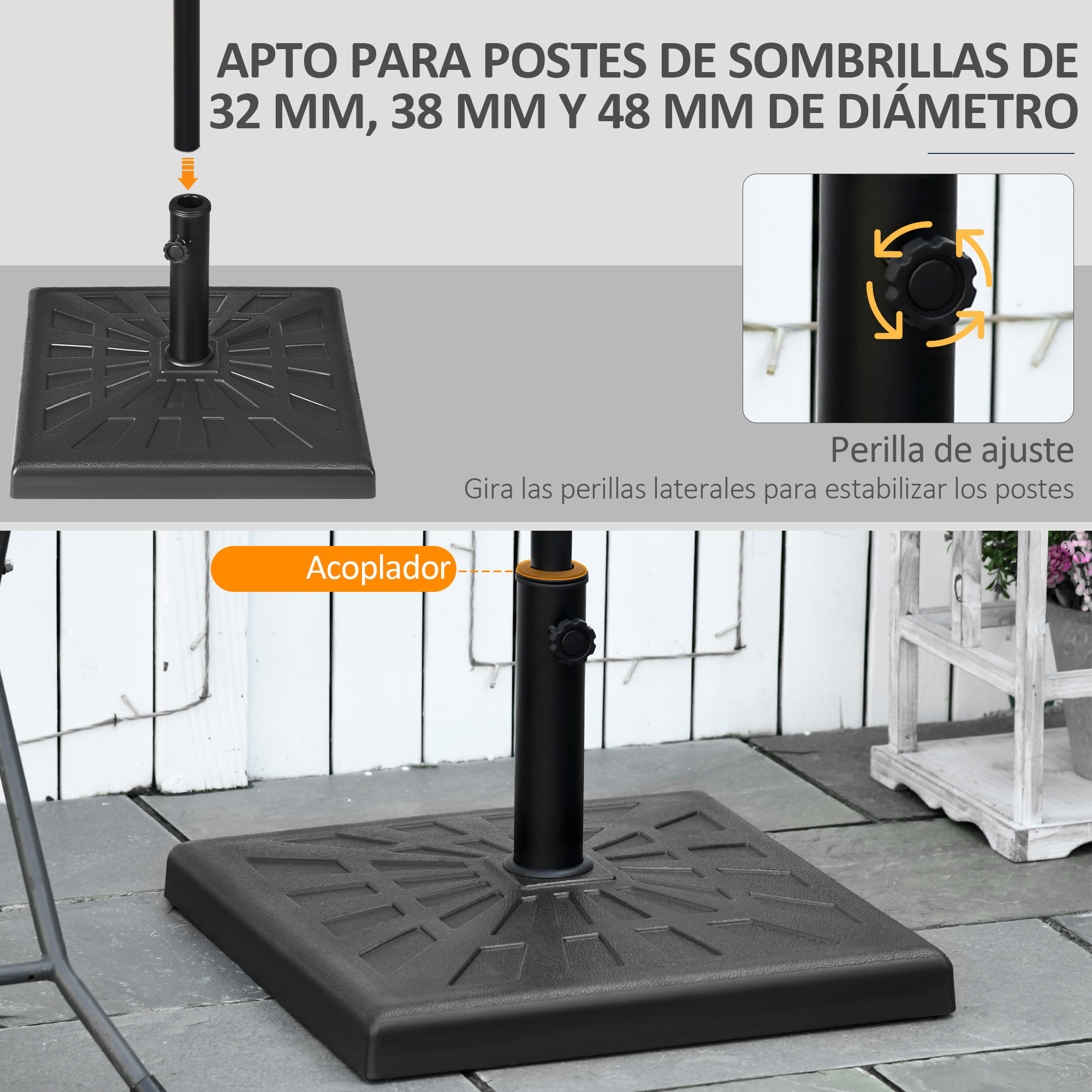 Base de Sombrilla de Resina 19 kg Soporte para Parasol Pie de Parasol para Mástil de Ø32/38/48 mm para Jardín Terraza Patio 51x51x32 cm Negro