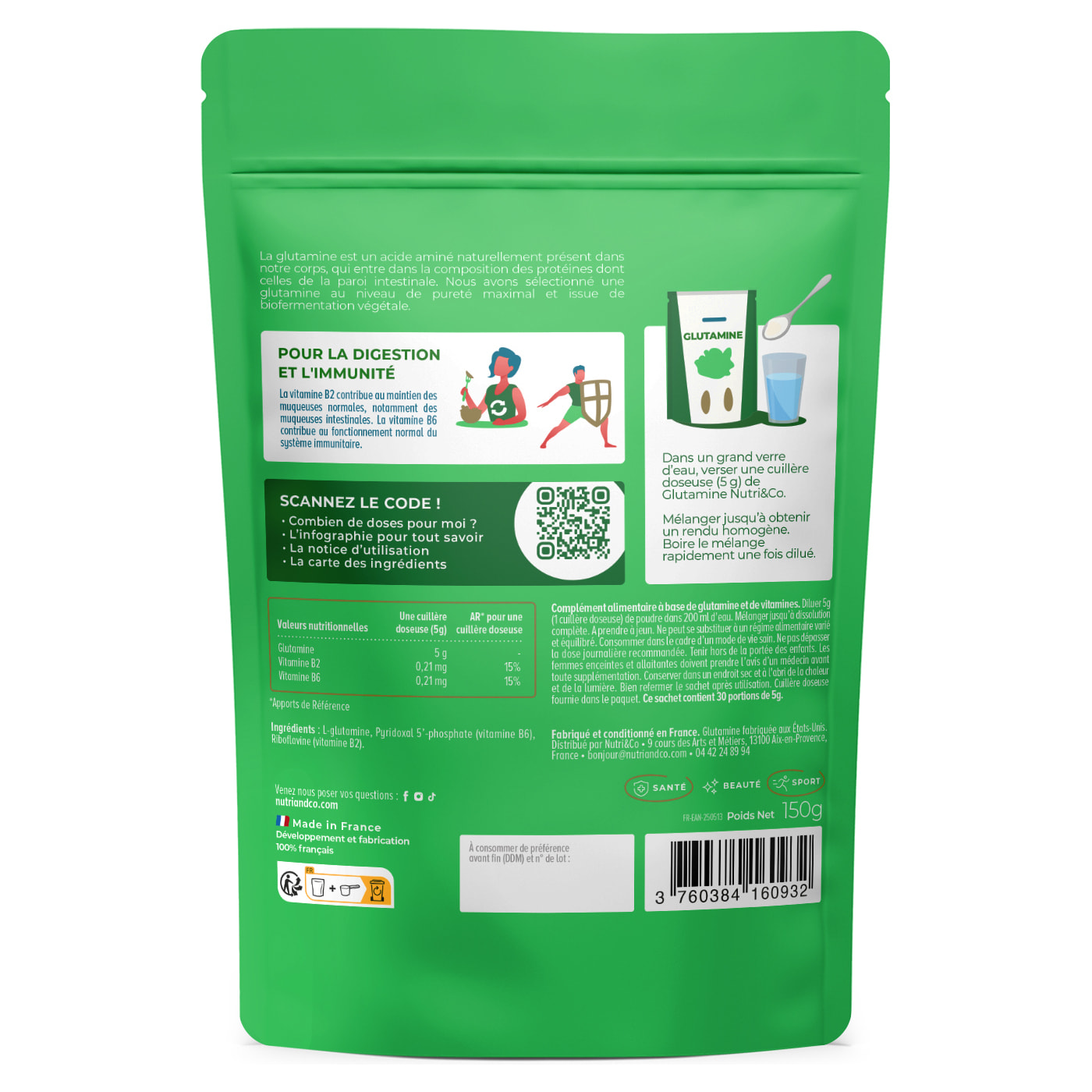 Nutri&Co L-Glutamine en poudre Bio-fermentée Qualité Kyowa® Goût Neutre - 150g Vegan