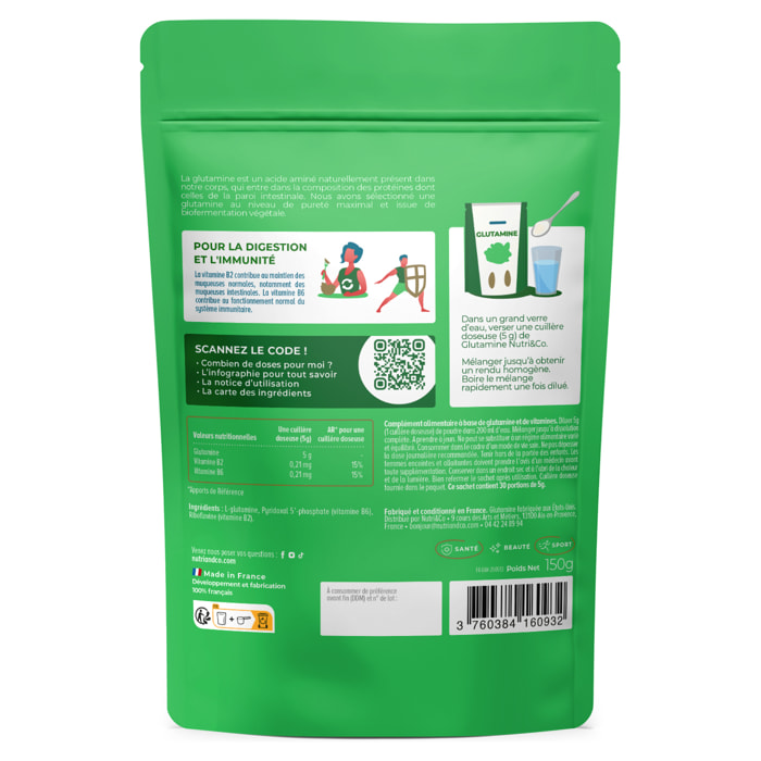 Nutri&Co L-Glutamine en poudre Bio-fermentée Qualité Kyowa® Goût Neutre - 150g Vegan