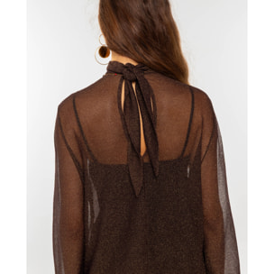 Vestido corto de tul con lurex y manga larga evasé de mujer