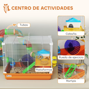 Jaula para Hámster, Casa para Hámster con Túnel, Cuenco, Bebedero, Casita, Rampa, Rueda de Ejercicio, Plataforma y Asa, Bandeja Extraíble, para Ratones y Jerbos, 46x30x37 cm, Naranja