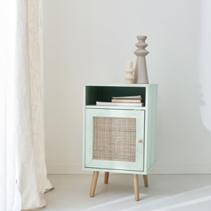 Table de chevet en cannage - Bohème - 40x39x70cm coloris vert céladon - 2 niveaux - 1 porte - 1 espace de rangement - pieds scandinaves