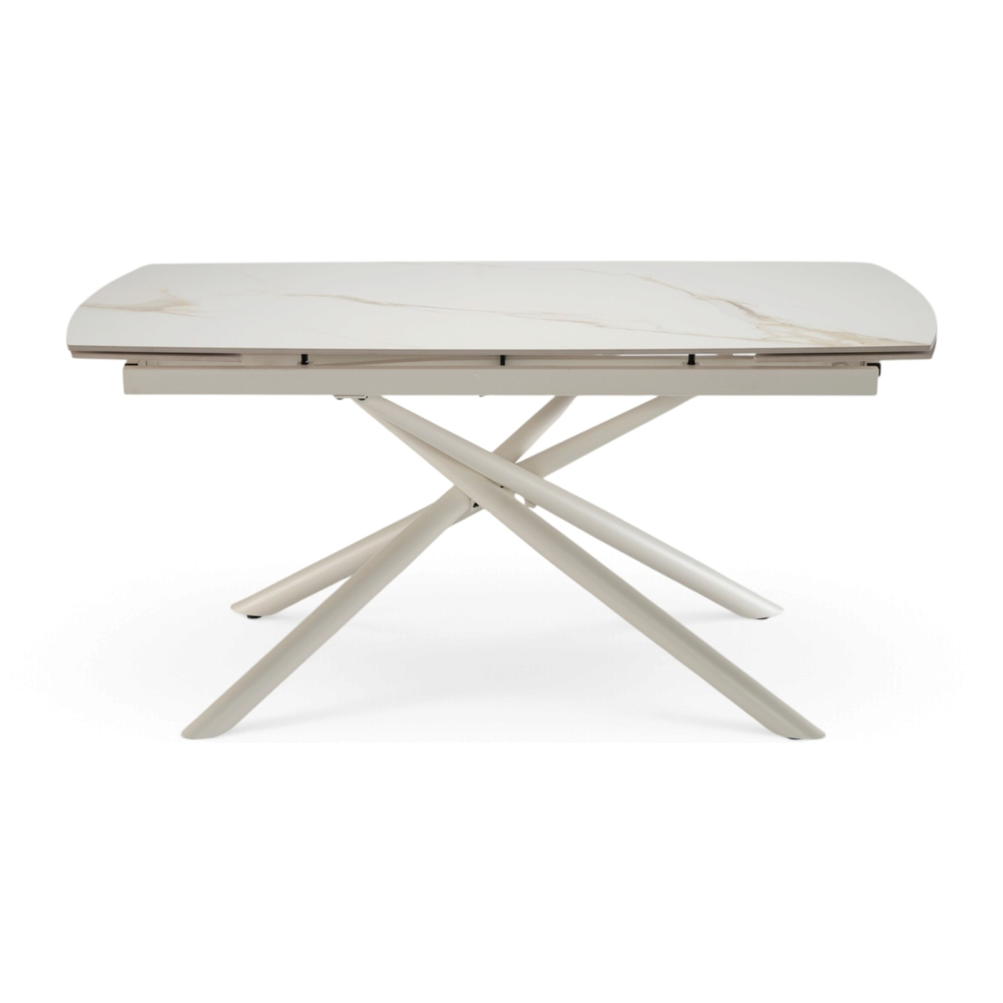 Tavolo allungabile BONIFACIO in ceramica, finitura calacatta oro lucida e gambe in metallo verniciato bianco - 160-220×80x76 cm