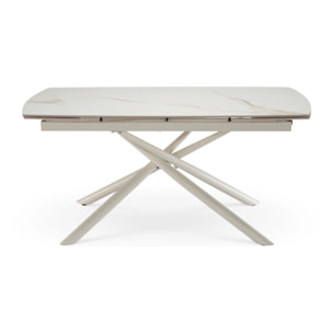 Tavolo allungabile BONIFACIO in ceramica, finitura calacatta oro lucida e gambe in metallo verniciato bianco - 160-220×80x76 cm