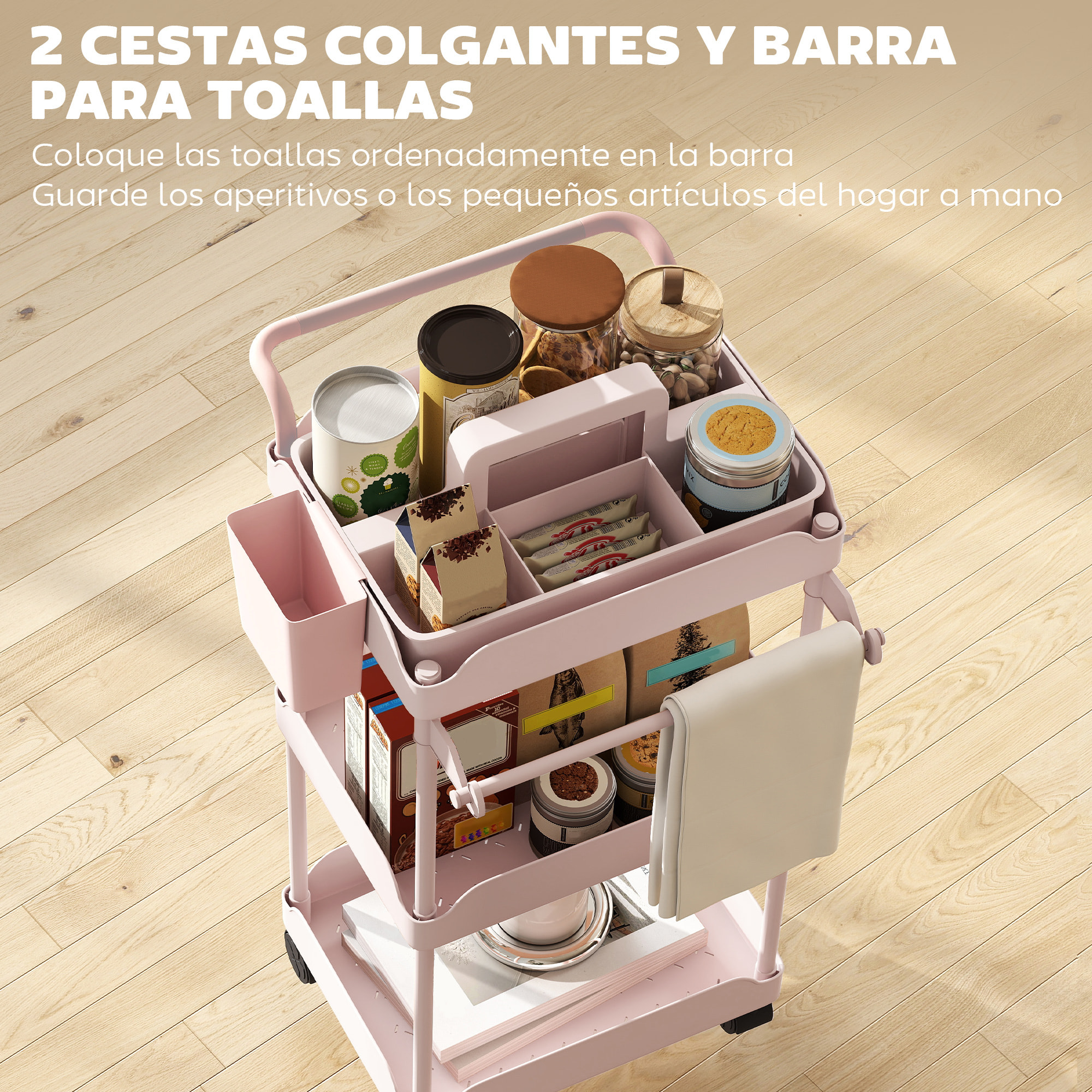 Carrito Auxiliar con Ruedas de 3 Niveles, Carrito de Cocina con Cestas Extraíbles, Ruedas con Freno, Soporte para Toallas y Marco de Metal, Carro de Servicio para Comedor, Salón, Baño, Rosa