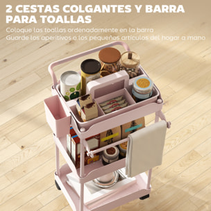 Carrito Auxiliar con Ruedas de 3 Niveles, Carrito de Cocina con Cestas Extraíbles, Ruedas con Freno, Soporte para Toallas y Marco de Metal, Carro de Servicio para Comedor, Salón, Baño, Rosa