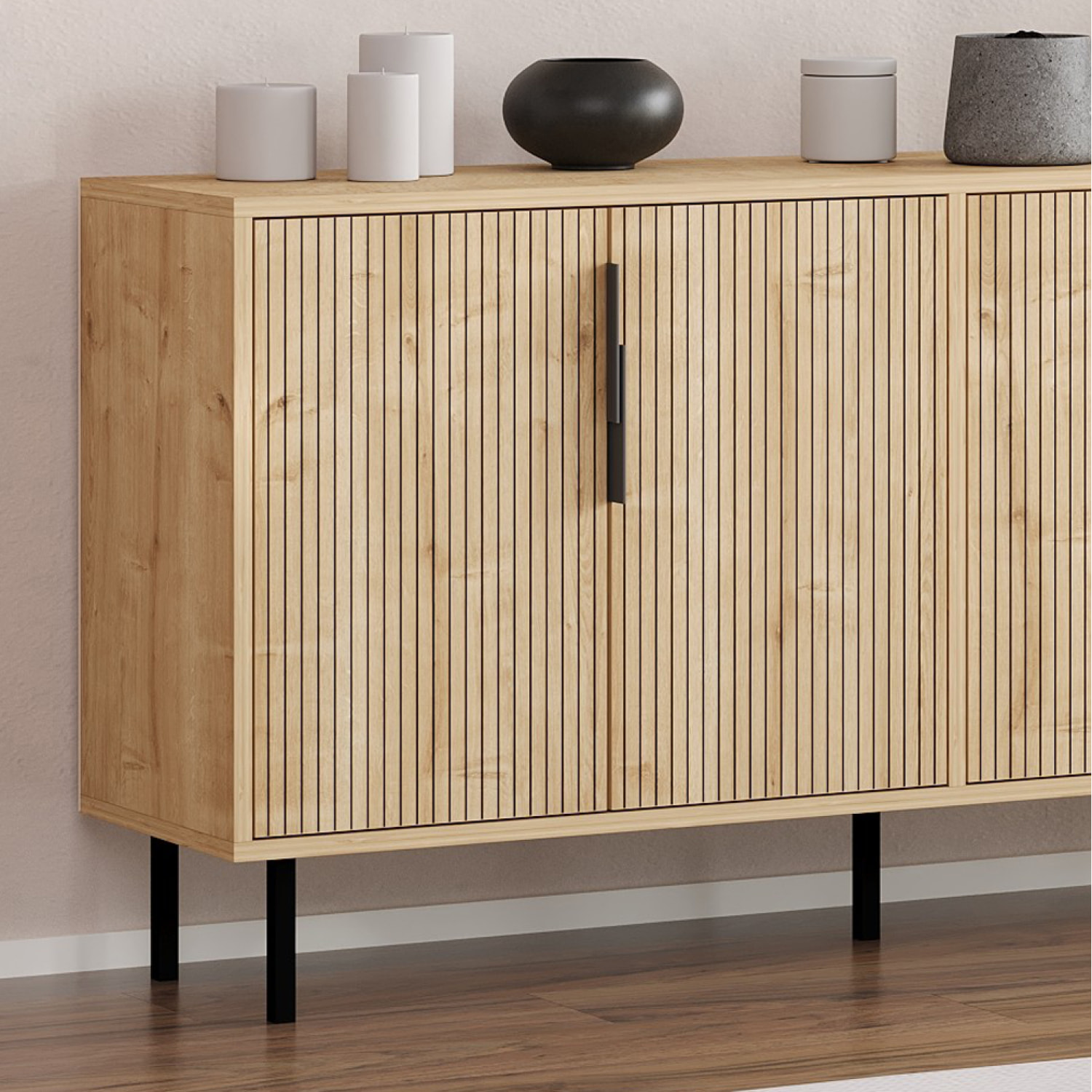 ATLAS Buffet cannelé 4 portes aspect bois 150x75cm