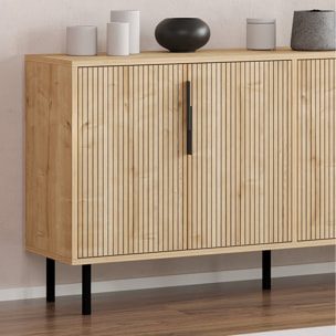 ATLAS Buffet cannelé 4 portes aspect bois 150x75cm