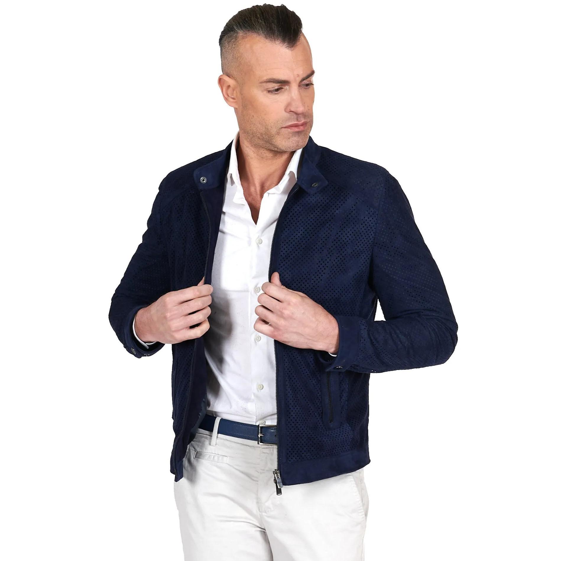 Giacca in pelle camoscio traforato colore blu