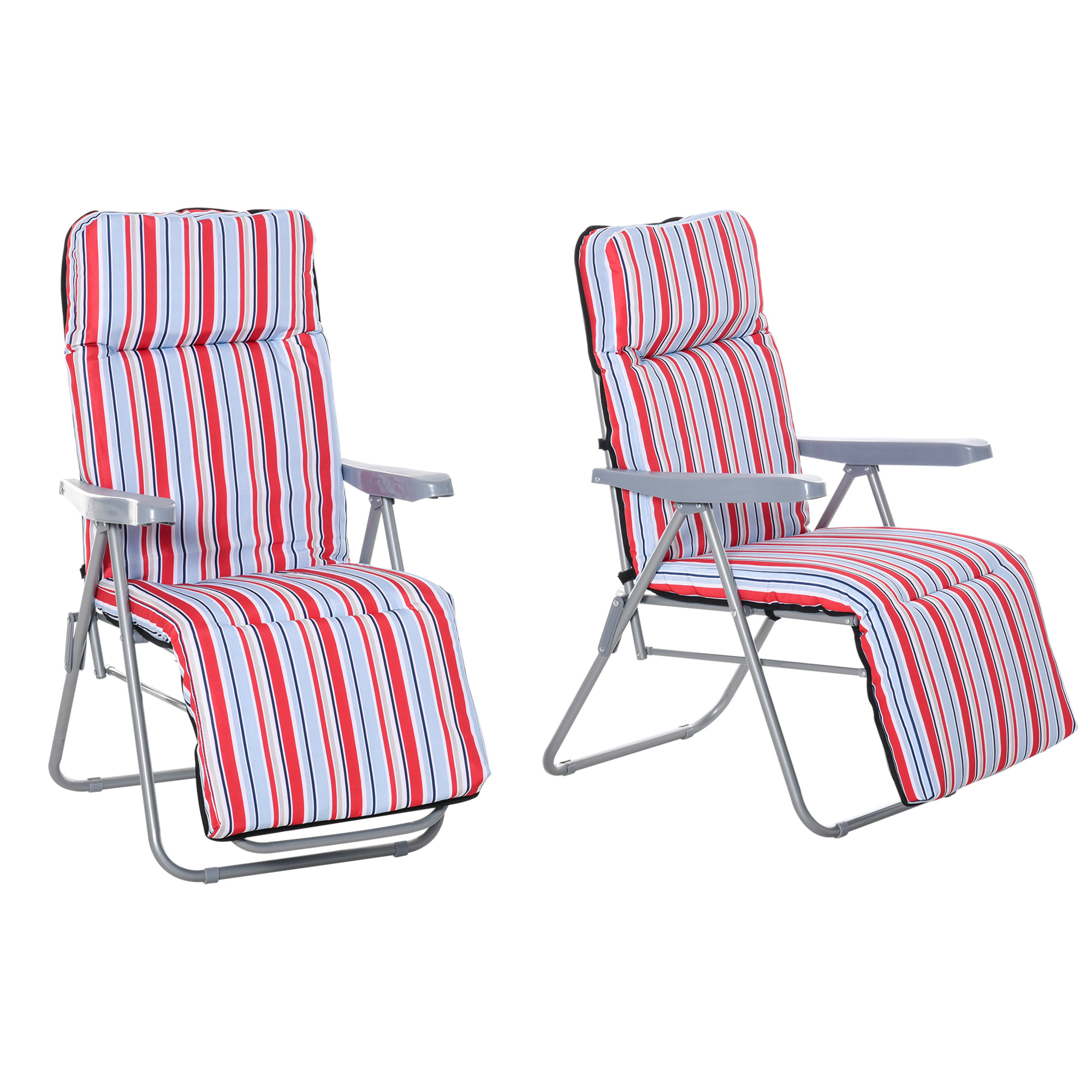 Pack de 2 Tumbonas Plegables Tumbonas de Jardín Exterior con Cojín Acolchado, Respaldo Ajustable en 5 Posiciones, Reposapiés y Marco de Acero, 60x75x65-102 cm, Rayas Rojo