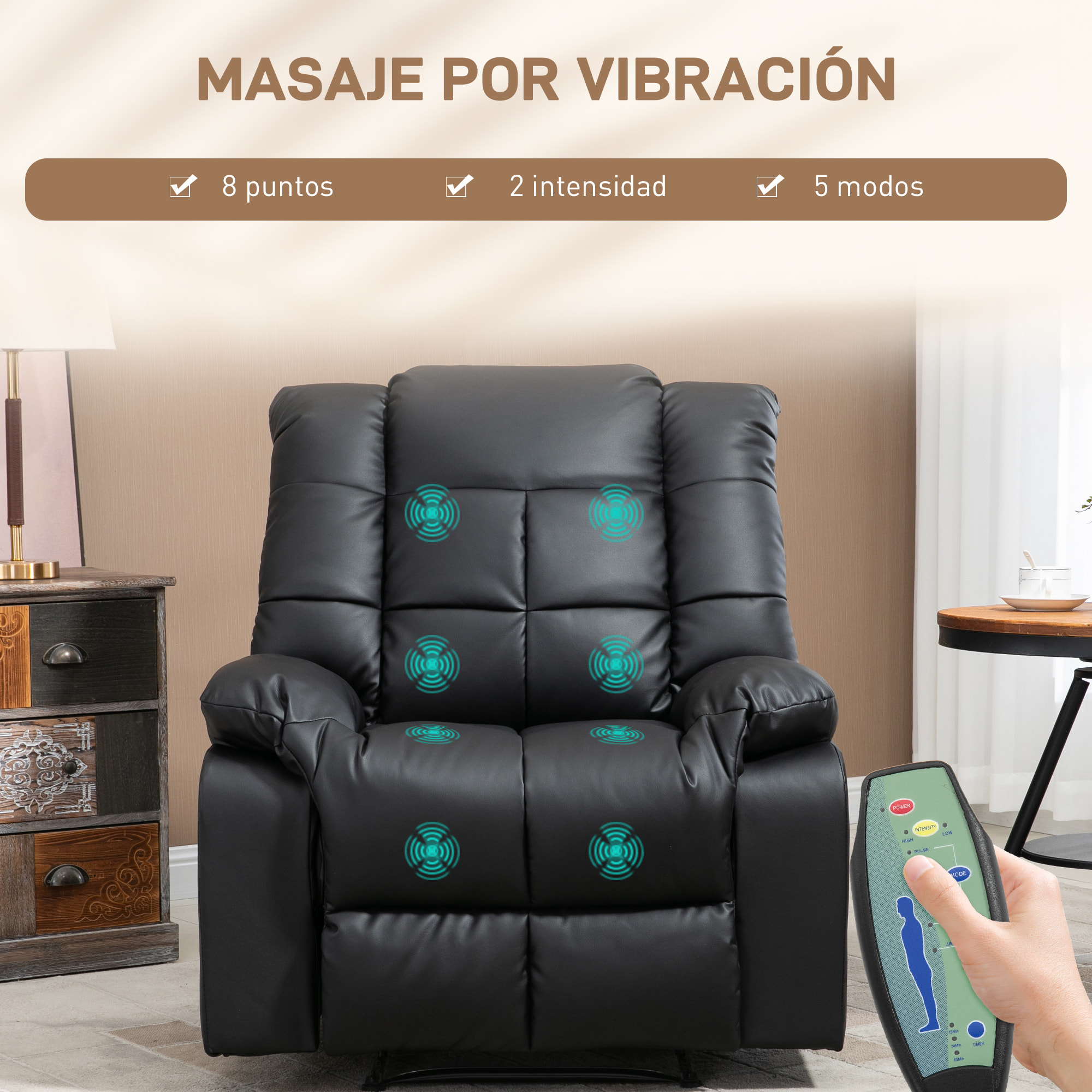 Sillón de Masaje, Sillón Relax Reclinable con 8 Puntos de Masaje, Mando a Distancia, Tapizado en PU, Reposapiés, Bolsillo Lateral, Butaca para Salón, Dormitorio, Negro