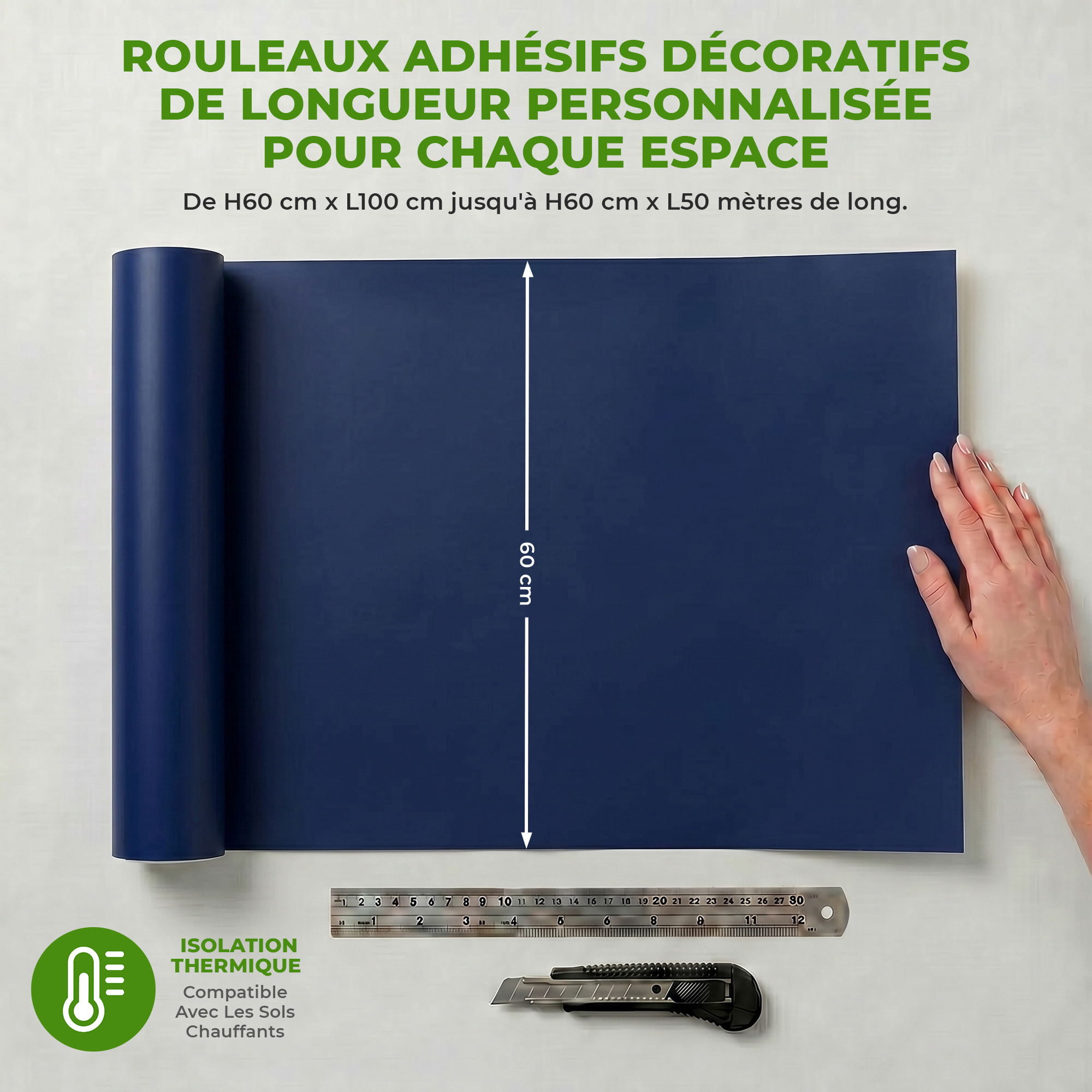 Rouleau adhésif décoratif Vinyle au Mètre - Bleu fonce - Sticker Lavable Imperméable Mur Cuisine Meubles
