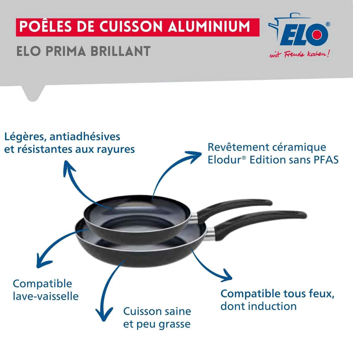 Ensemble de 2 Poêles de cuisson 24 et 28 cm et 1 faitout 20 cm Elo Prima Brillant