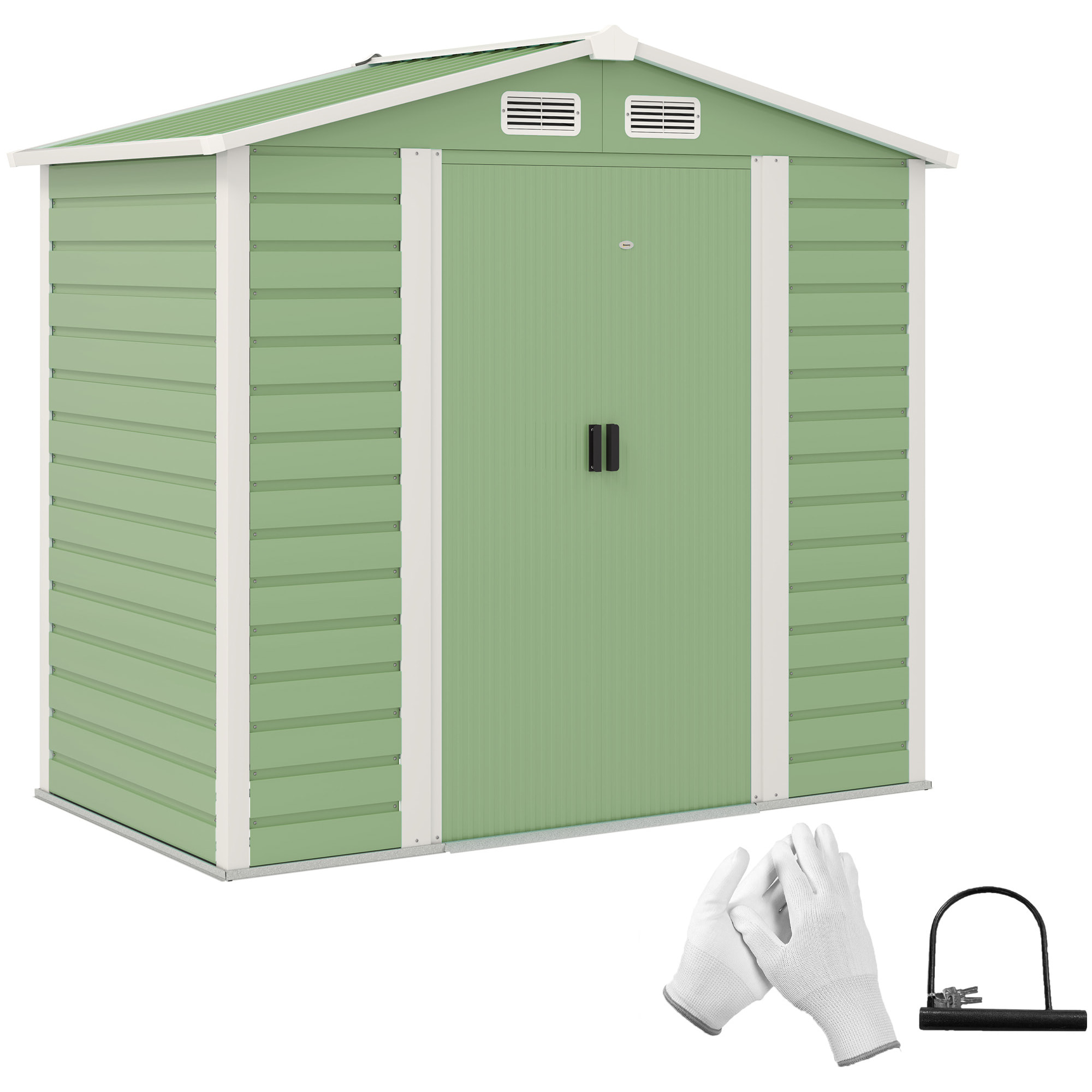 Caseta de Jardín Exterior 2,36m² 213x120x194 cm Cobertizo de Jardín Exterior con Base Refuerzo (Suelo NO Incluido) Puertas Correderas Dobles Candado Ventanas Verde Claro