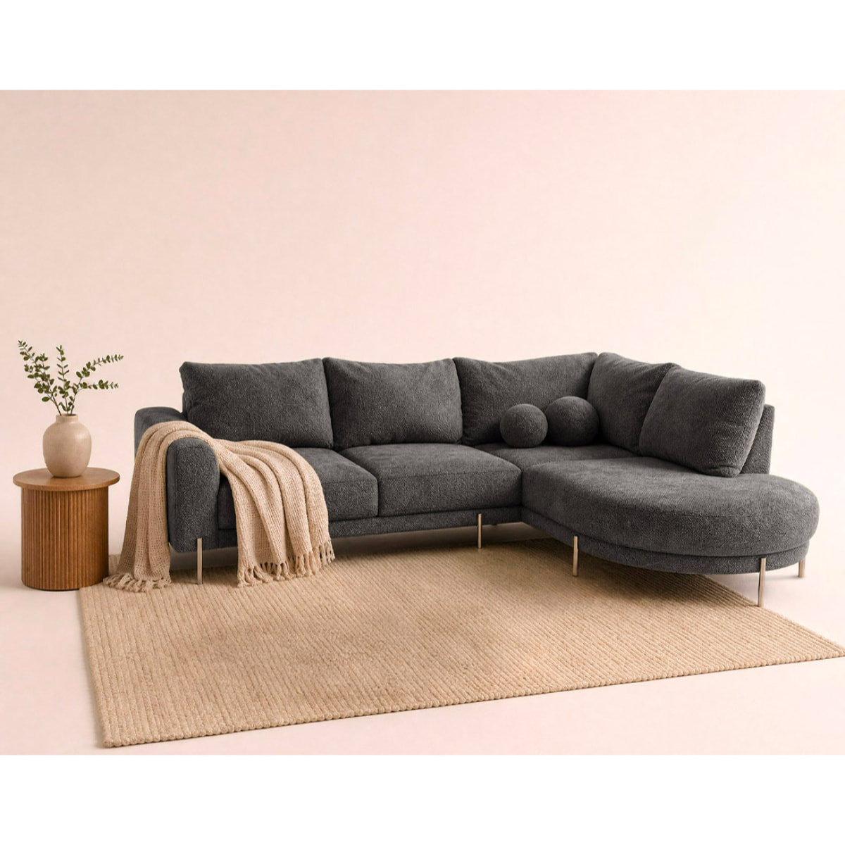 Gabin - Canapé d'angle droit 5 places en velours texturé - Gris