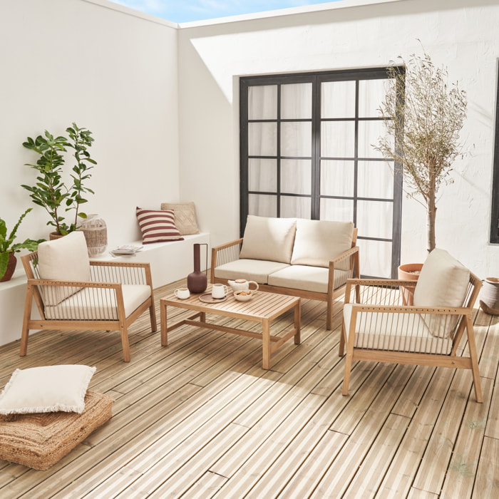 Salon de jardin en bois d'acacia et cordes beige. 4 personnes. ALISTE