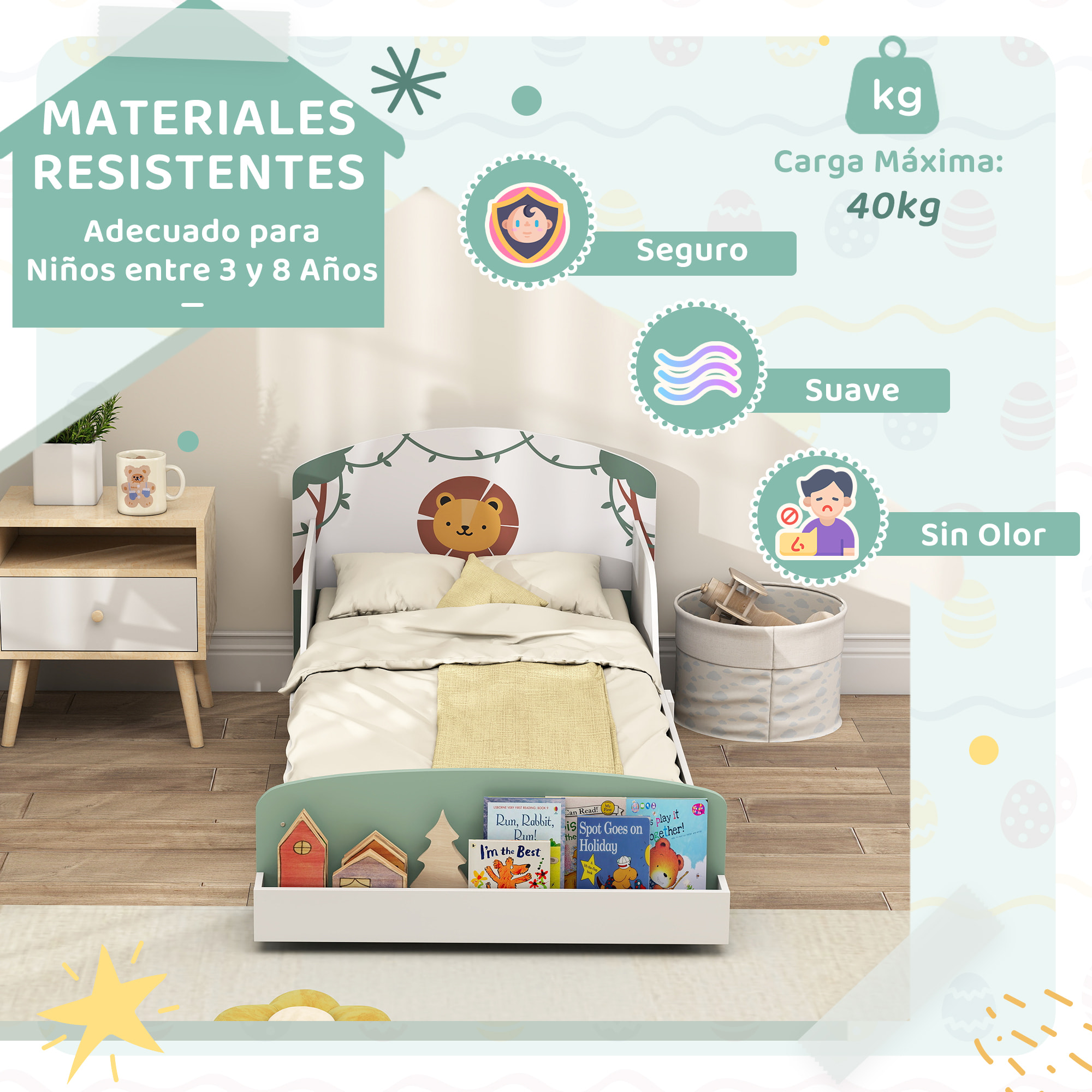 Cama infantil 70x140 cm de Madera con Almacenaje Cama para Niños de +3 Años con Protección Anticaída Cabecero en Dibujo de León Carga 40 kg para Dormitorio Verde