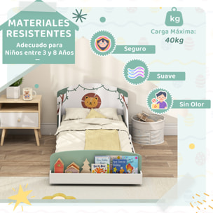 Cama infantil 70x140 cm de Madera con Almacenaje Cama para Niños de +3 Años con Protección Anticaída Cabecero en Dibujo de León Carga 40 kg para Dormitorio Verde