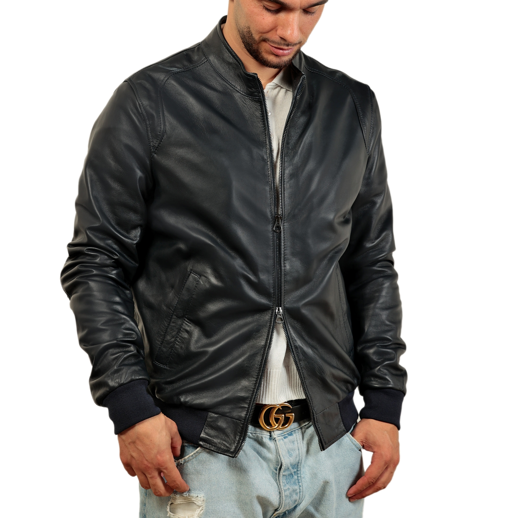 Giubbino in vera pelle di vitello foderato con trapunta invernale Blu-Slim Fit