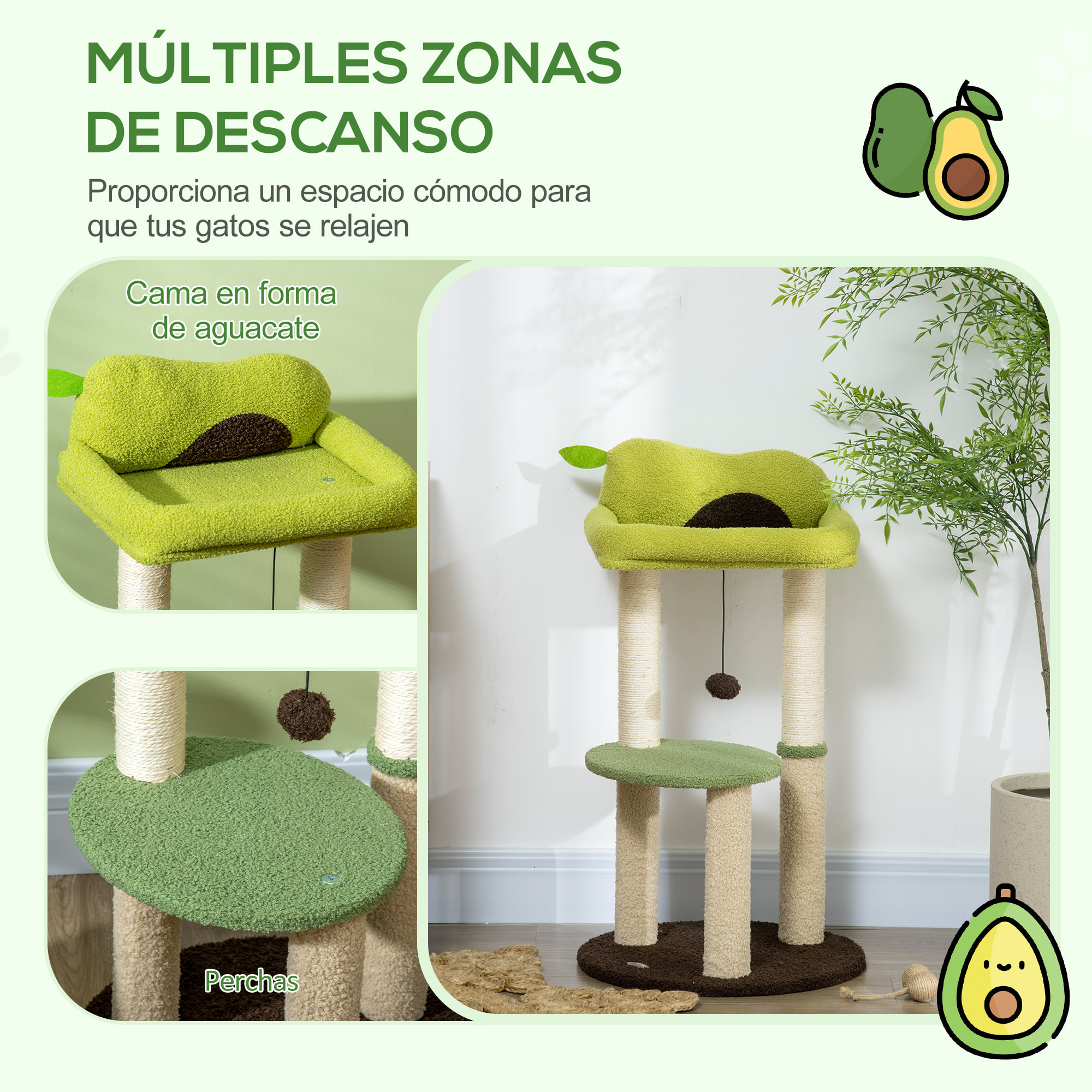 Árbol Rascador para Gatos Altura 83 cm con Cama Forma de Aguacate Bola Colgante